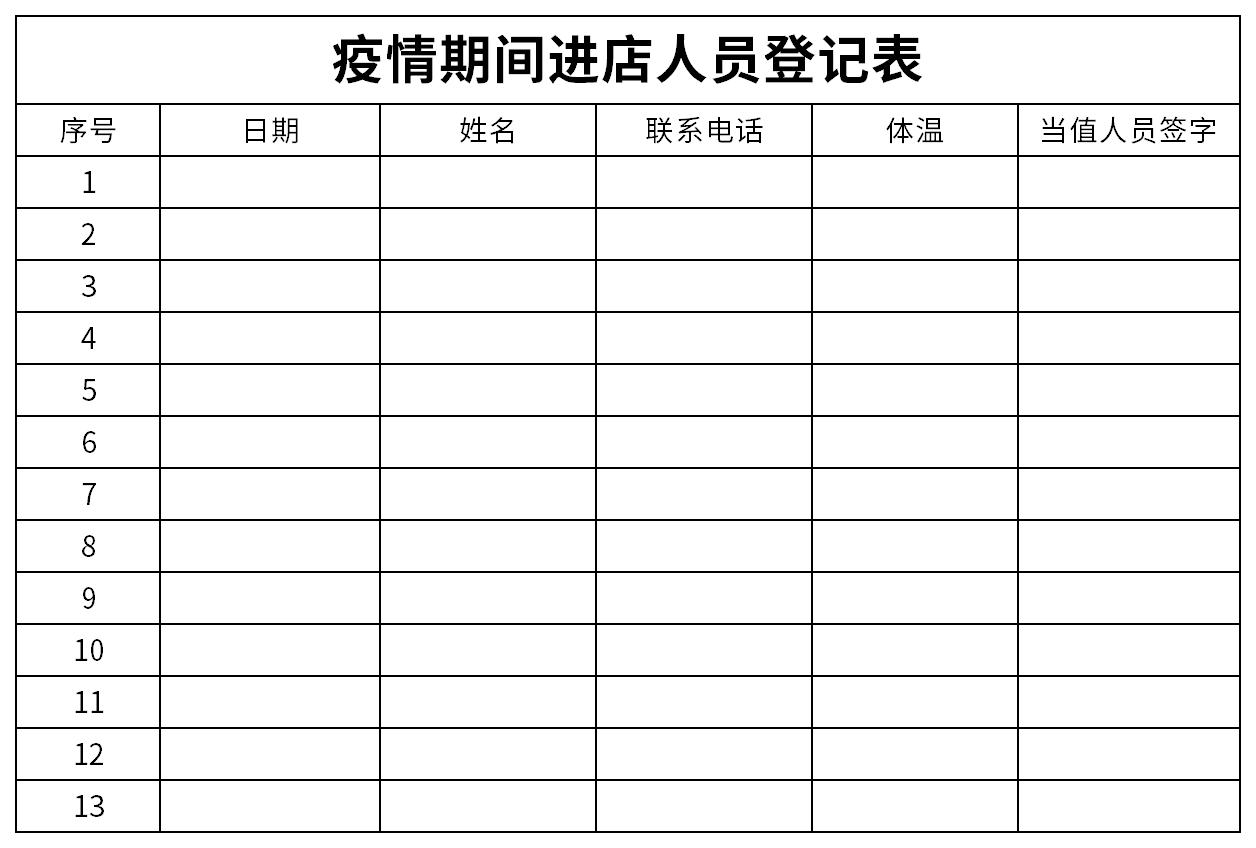 疫情期间进店人员登记表截图
