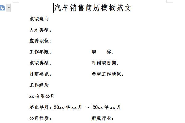 汽车销售简历模板范文截图